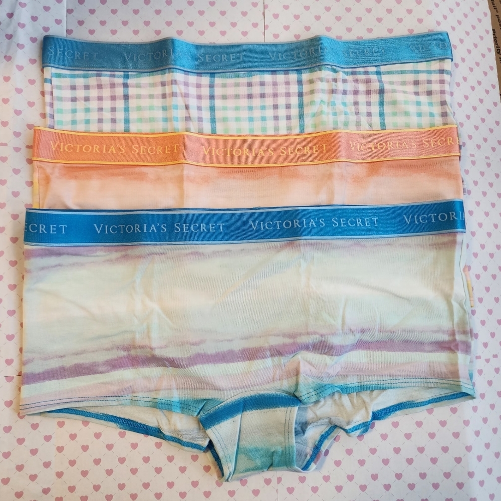 3 VICTORIA'S SECRET Cotton Boyshort Panty XL Blue Yellow Pink VS Shortie NWT
